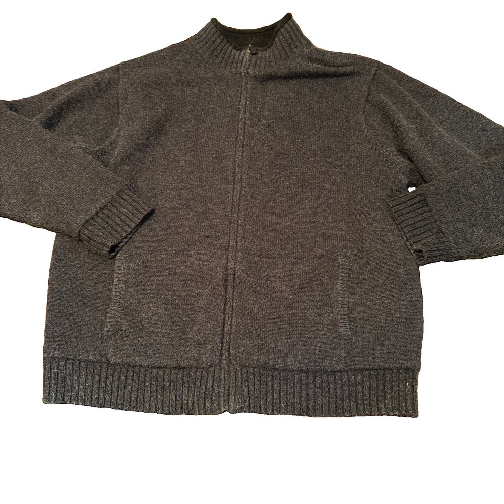 LL Bean Sweater Mens XL Gray Lambswool Full Zip Heavy Fleece Lined Knit Cardigan